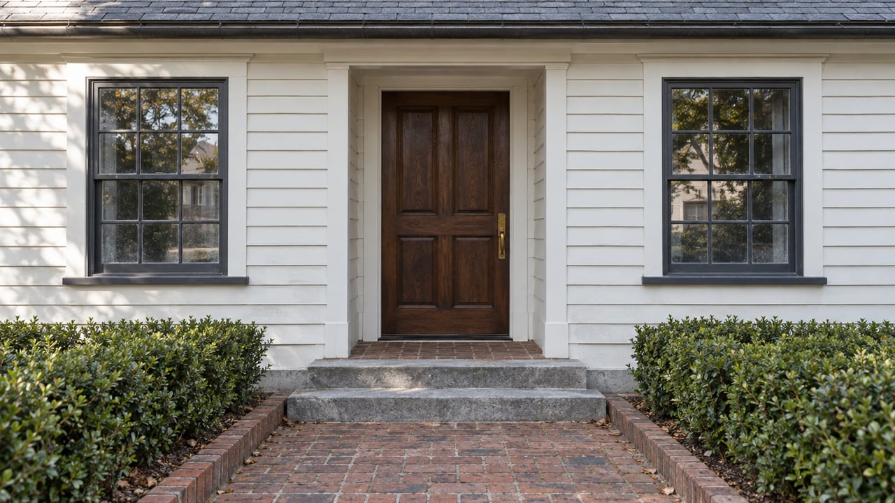 Off-white clapboard house with a dark wood door, sash windows, brick walk, and clipped myrtle hedges.