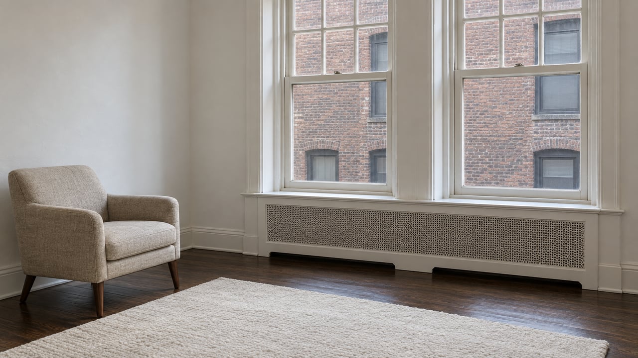 Daylit apartment living-room corner with tall sash windows, white plaster walls, dark oak floors and an oatmeal wool armchair.