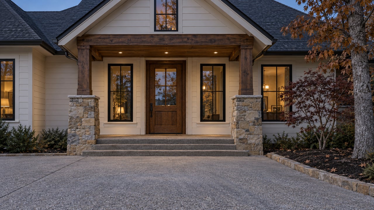 Blue-hour view of a gabled house with sandstone porch piers, pale siding, black-framed windows, and a broad concrete approach beside autumn trees.