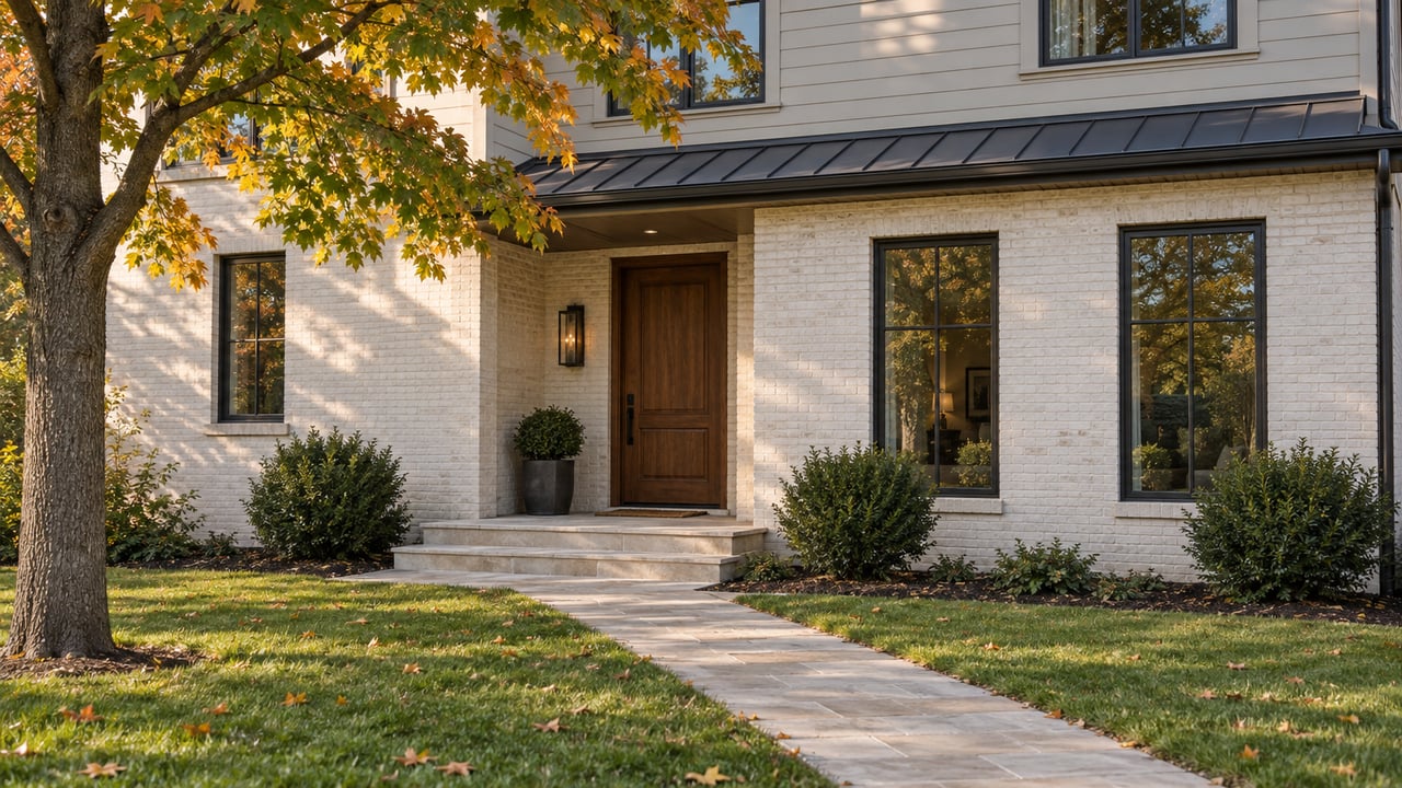 Off-white brick house with greige siding, recessed oak entry, limestone path, broad lawn, and amber-green maple.