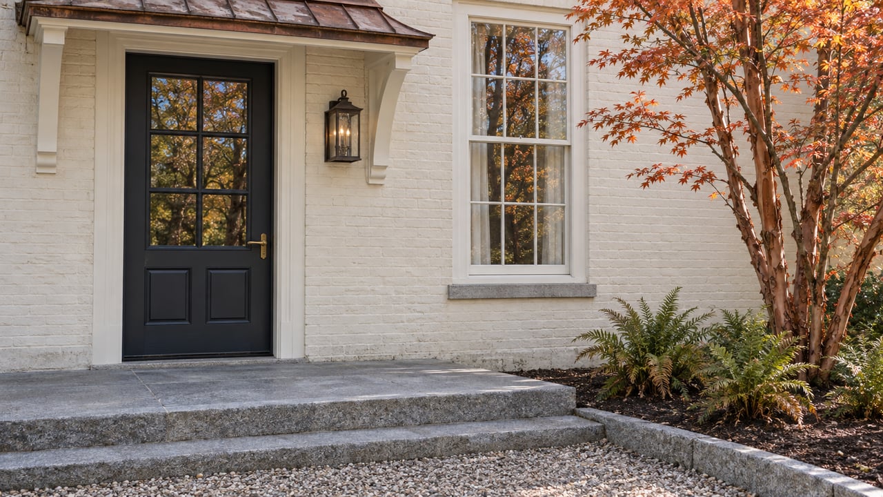 Oblique view of a painted-brick home entrance with a dark glazed door, weathered copper canopy, granite steps and an autumn paperbark maple.
