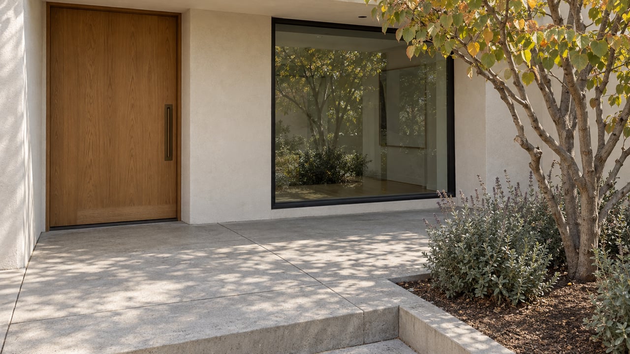 Sunlit stucco home entry with an oak door, black-framed window, concrete terrace and a small branching tree.