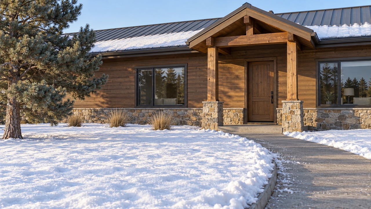 Wood-sided ranch home with a covered timber entry, stone foundation, and a cleared walkway crossing a snowy front yard.