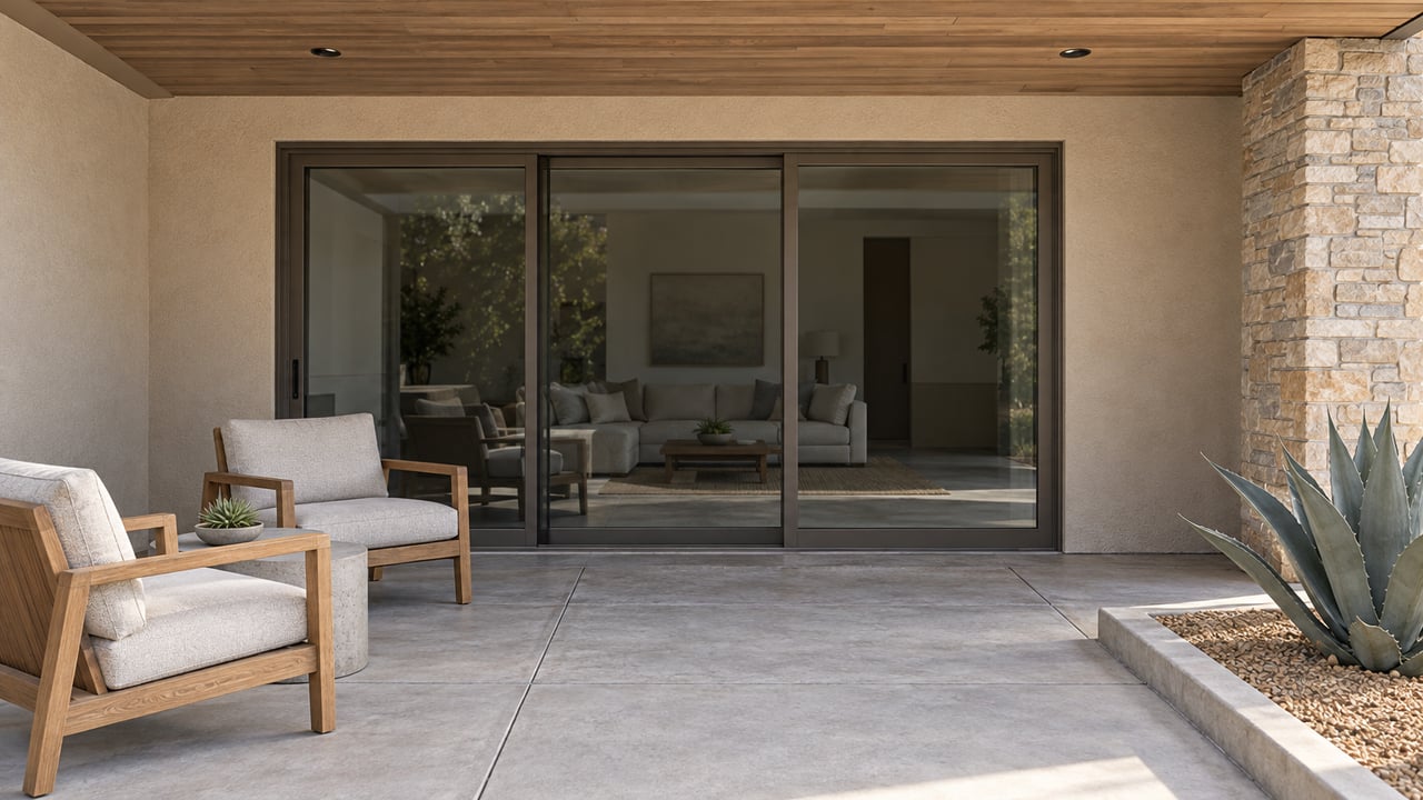 A shaded patio with two teak chairs, closed sliding glass doors, sand-colored stucco and a single gray-green agave in a curbed gravel bed.