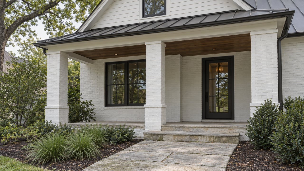 Renovated white-brick house with a shaded porch, limestone path, and mature oak branches overhead.