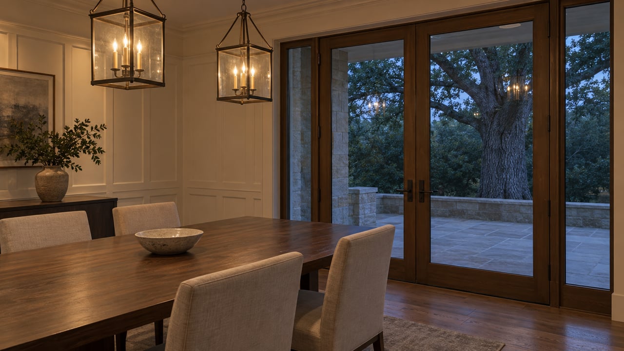 Dining room with a walnut table and lantern pendants beside glass doors opening onto a limestone terrace.