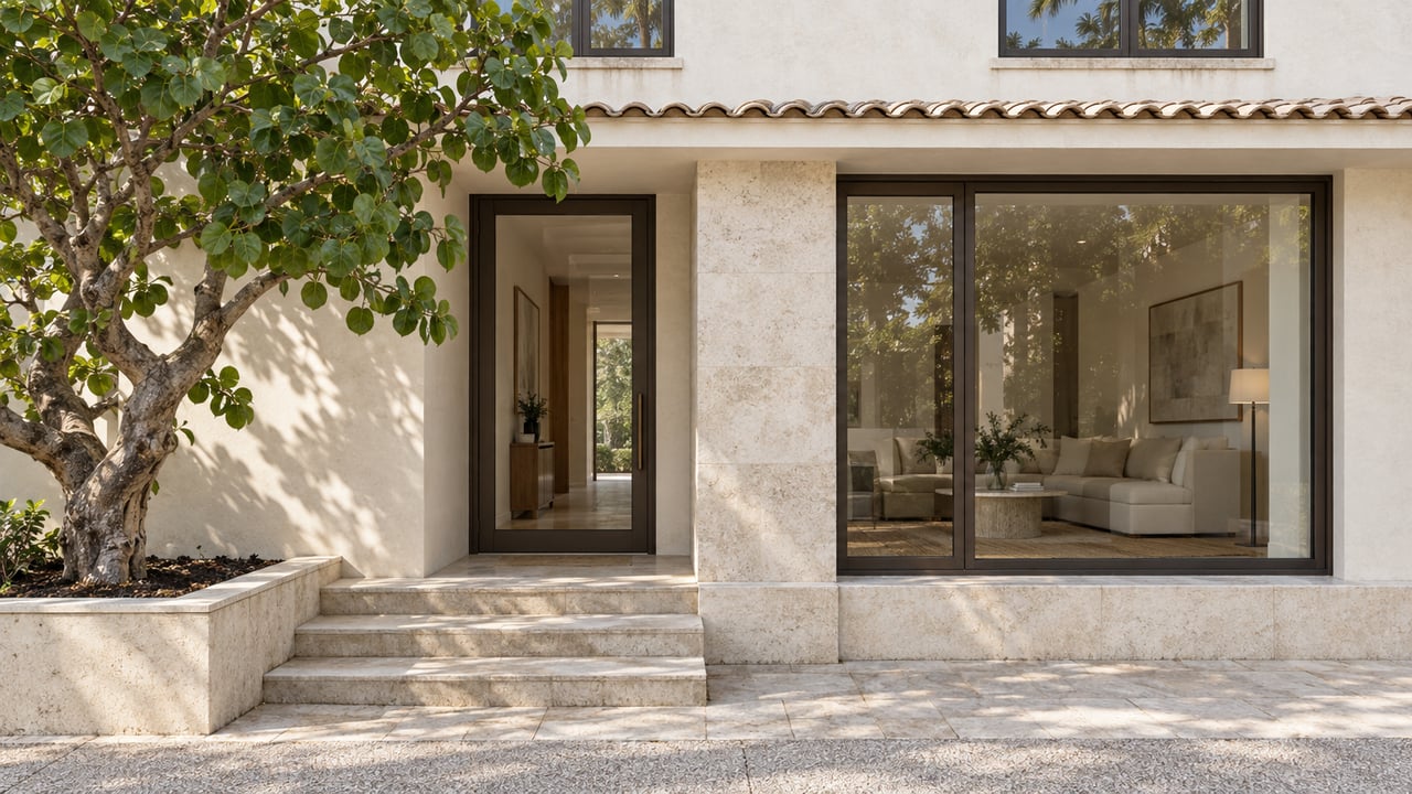 Cream-stucco residence with bronze-framed entry and windows, limestone steps, and a pruned sea-grape tree.