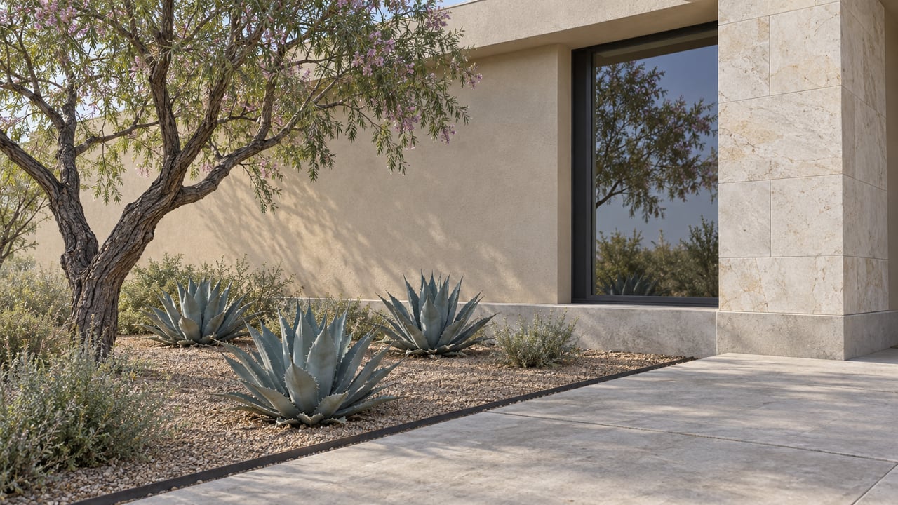 Contemporary stucco home with limestone accents, a recessed window, desert willow, and agaves beside concrete paving.
