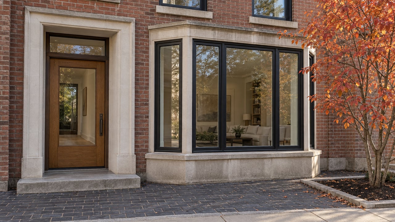 Renovated red-brick residence with black-framed bay windows, an oak and glass entrance, limestone details, and an orange-leaved serviceberry.