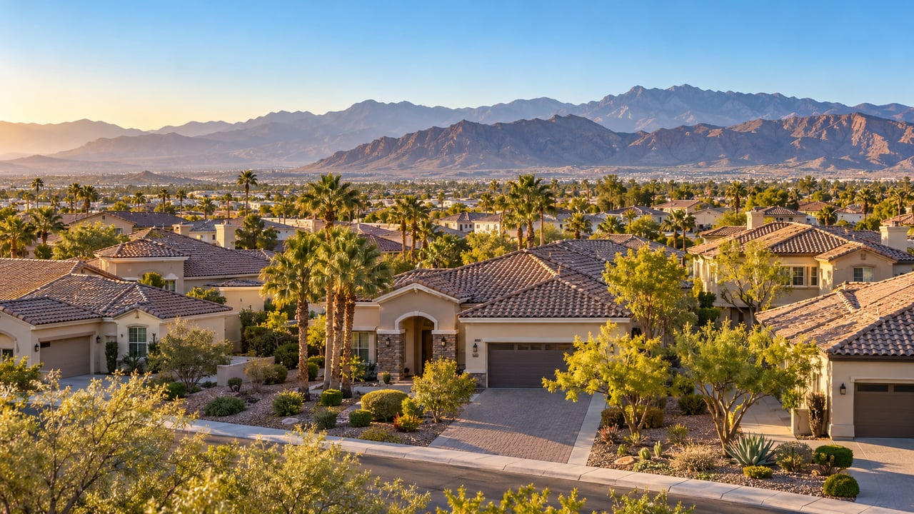 Illustrative desert neighborhood with tile-roof homes, palm trees, and mountains in the background