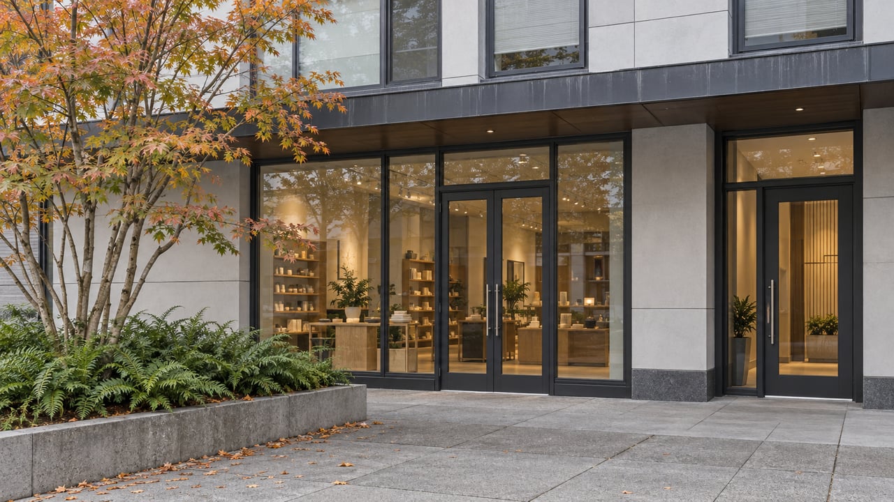 Mixed-use building with glazed storefront, separate lobby door, upper apartment windows, and a raised planter with a small tree.