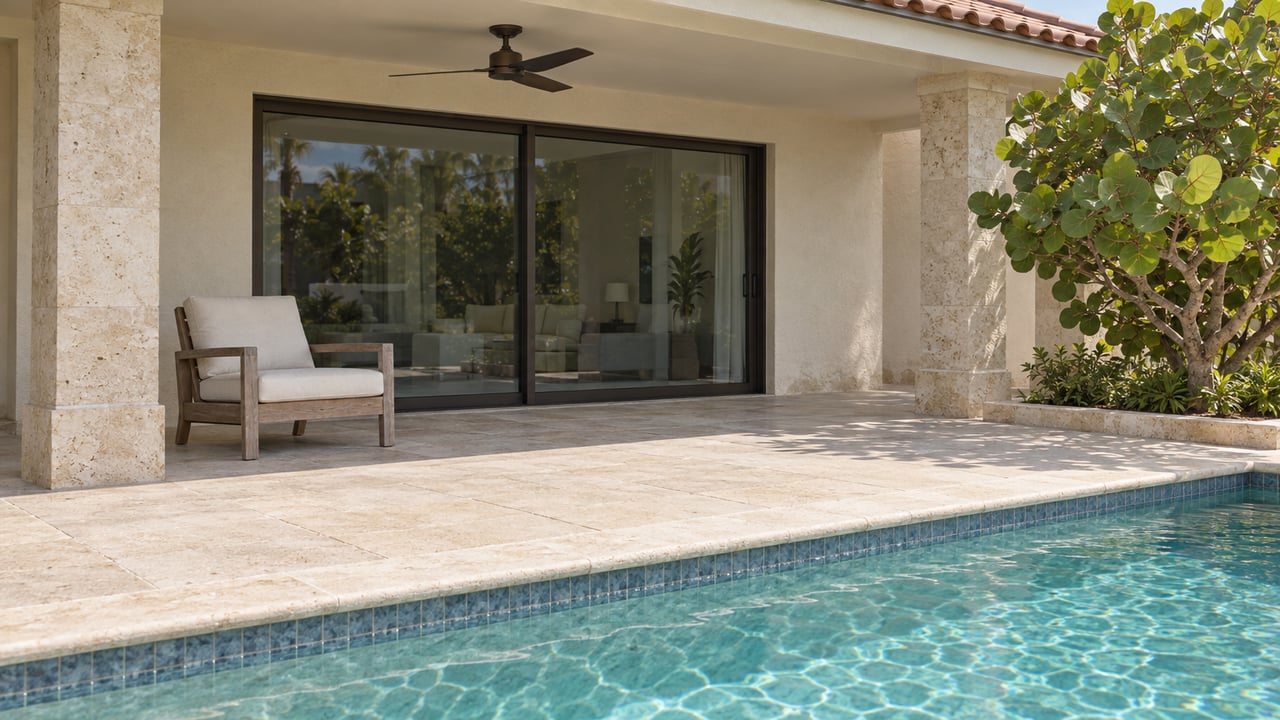 Sunlit pool beside a covered stucco terrace with limestone coping, bronze-framed sliding doors and a teak lounge chair.