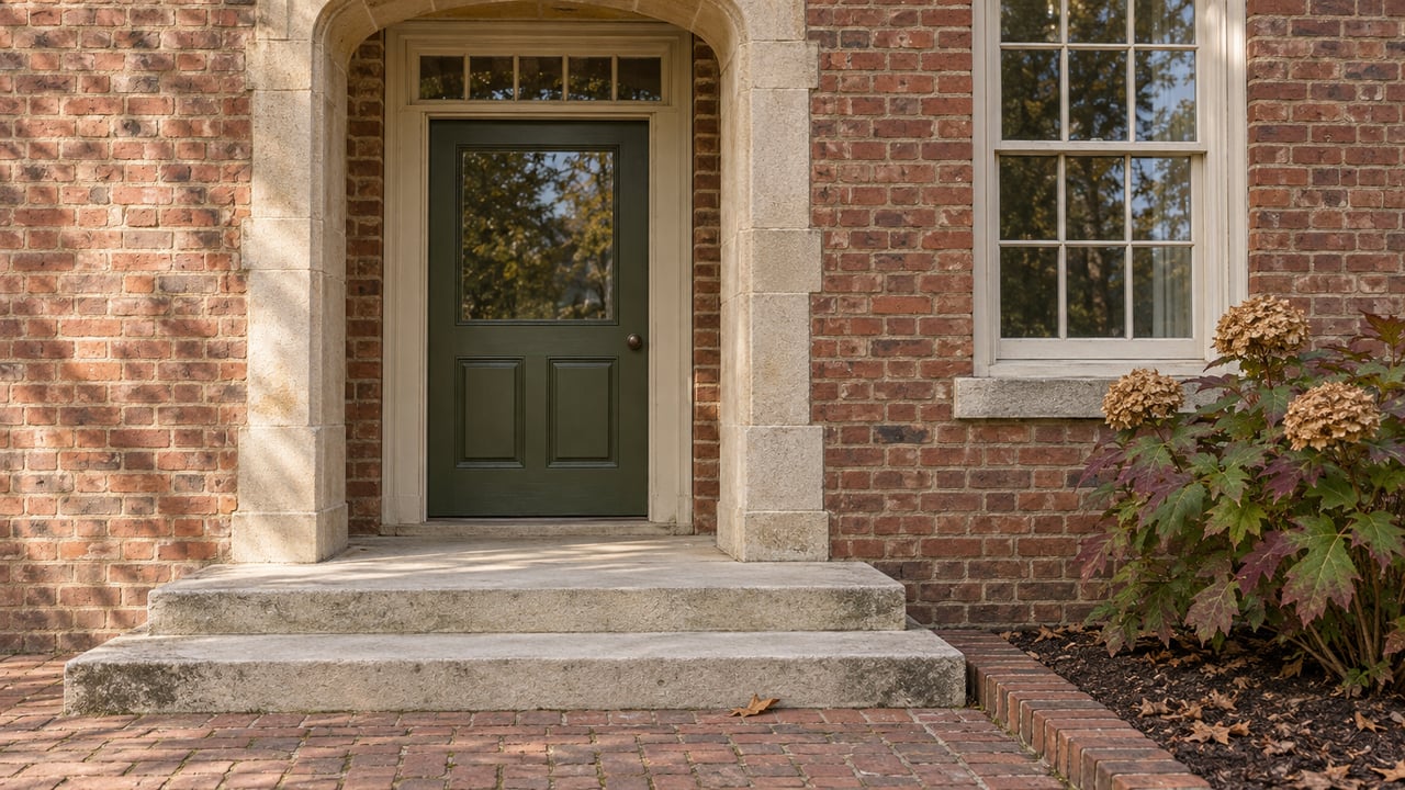 Red-brown brick home entry with an olive door, weathered limestone steps and autumn oakleaf hydrangea.