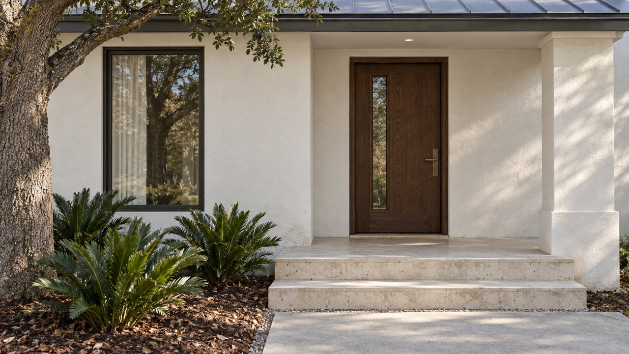 Sunlit white stucco entry with a dark oak door, limestone steps and coontie planting beneath a live oak branch.