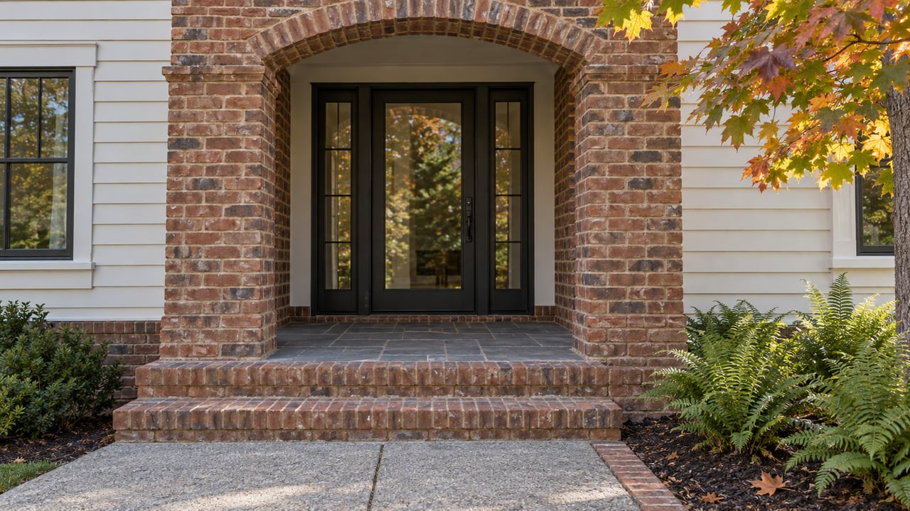 Sunlight on a brick arched home entry with a closed black-framed glass door, slate porch floor and autumn maple leaves.