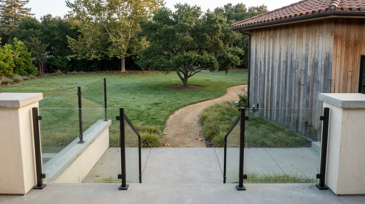 Concrete terrace with glass railing overlooks a dewy lawn, curving path, specimen oak, and cedar-and-stucco house.