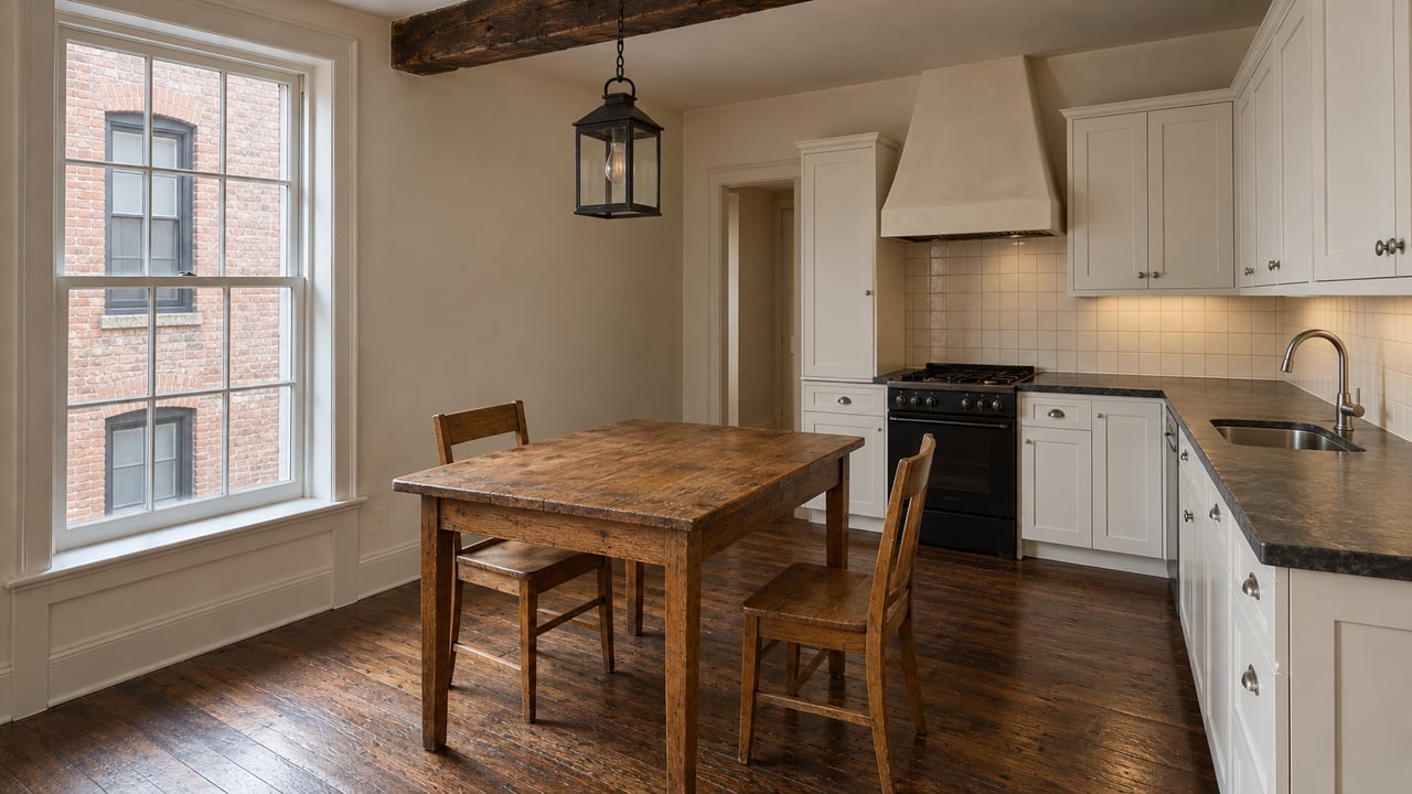 An older apartment dining room with worn oak floors, a timber beam, tall sash window and compact white kitchen.