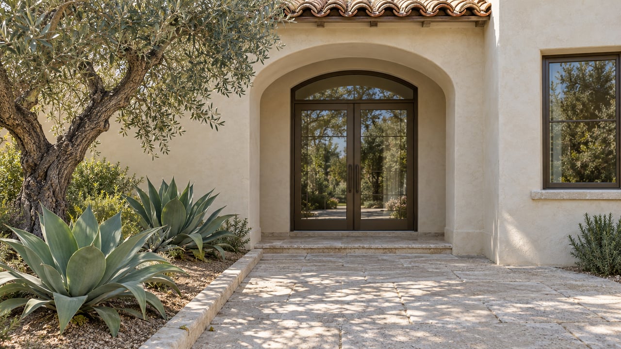 Cream stucco home entrance with terracotta eaves, bronze-framed glazed doors, limestone paving, an olive tree and agaves.