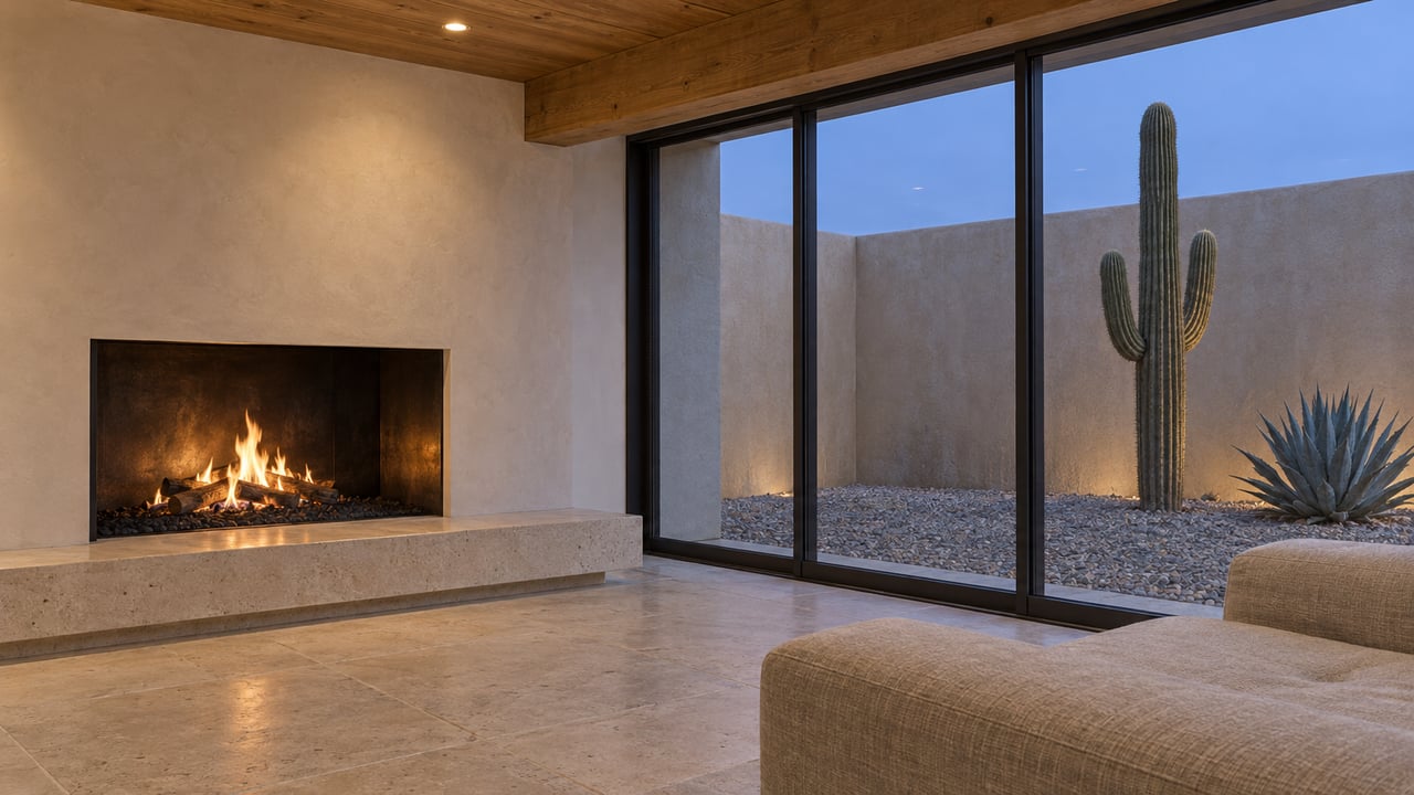 A warm plaster fireplace and linen sofa beside closed dark-framed glass overlooking a cactus courtyard at dusk.
