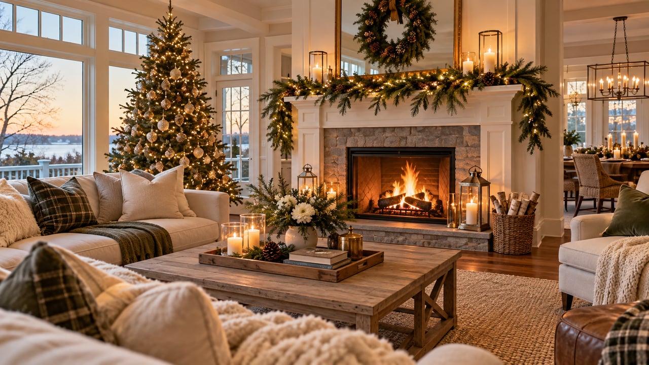 Christmas-decorated living room with a stone fireplace, lit tree, and sunset water view.