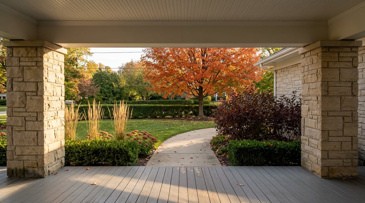 Covered porch frames a yard with a curving concrete walk, clipped hedge, grasses, and an orange-red maple.