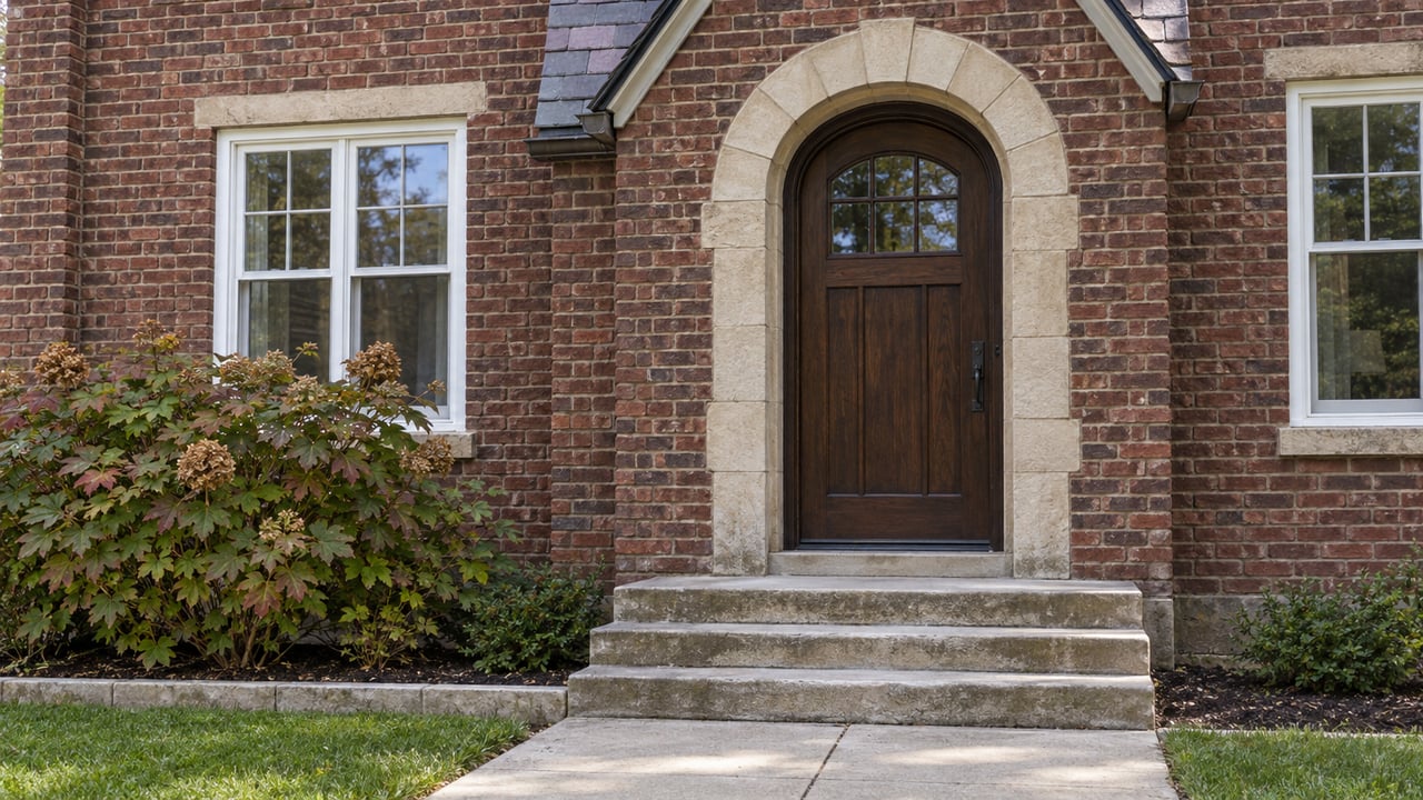 Brick home entrance with a limestone arch, oak door, slate gable and oakleaf hydrangea beside worn stone steps.