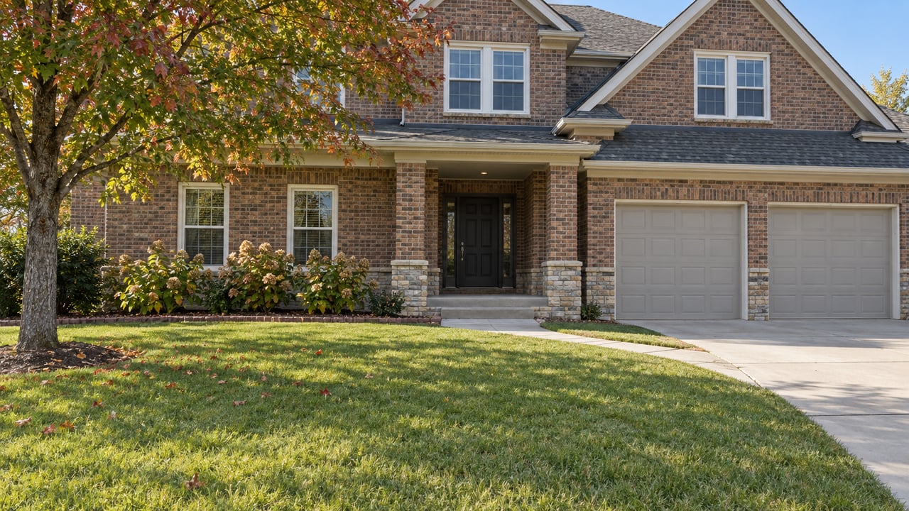Brick home with gabled roof, recessed front porch and a deep early-autumn lawn beside a mature maple.