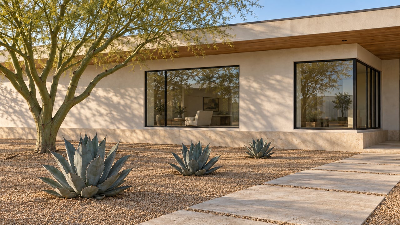 Low stucco home with deep wood soffits, dark-framed windows and a limestone path crossing a planted gravel garden.
