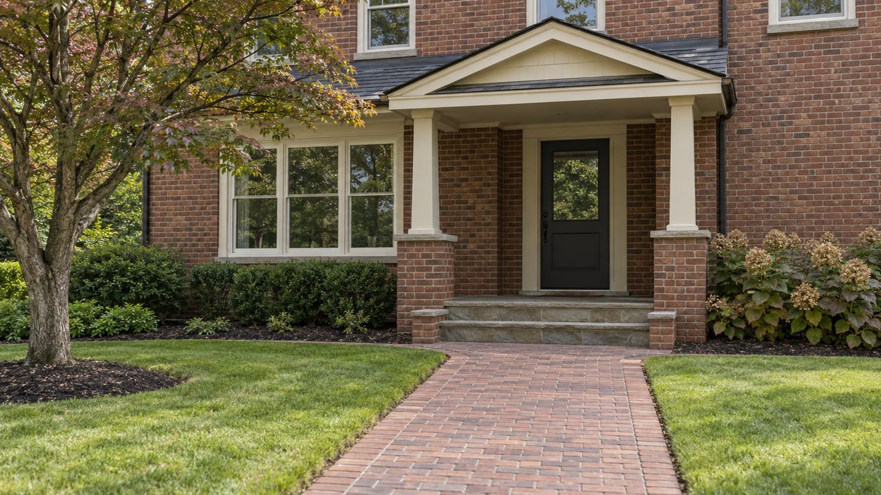 Brick home's sheltered front entry with cream trim, stone steps, a brick approach and early-autumn planting.