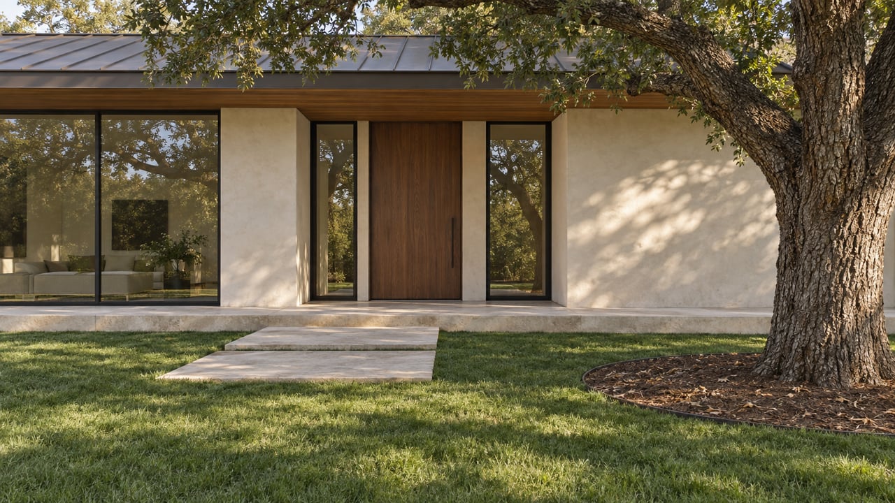 Warm plaster and cedar home entrance behind a limestone approach and sedge lawn, beside a mature oak tree.