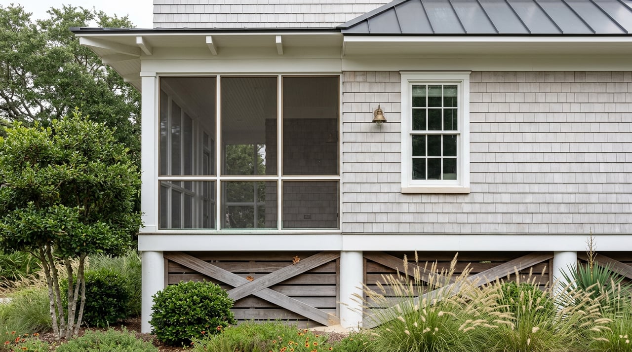 Elevated coastal home’s shingled side, screened porch, white window, and dune grasses around supporting pilings.