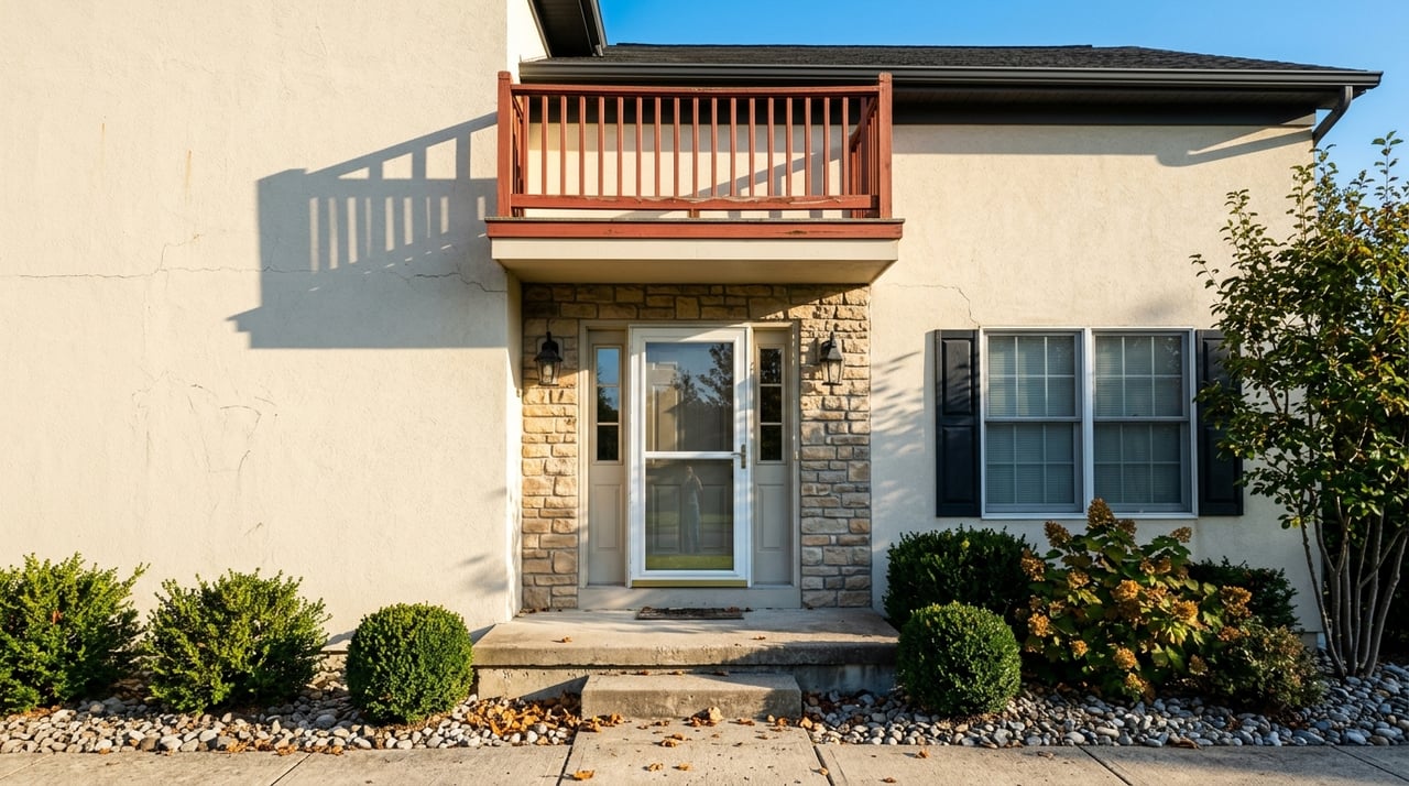 Townhome facade with an entry, balcony, and surrounding planting beneath the sky.