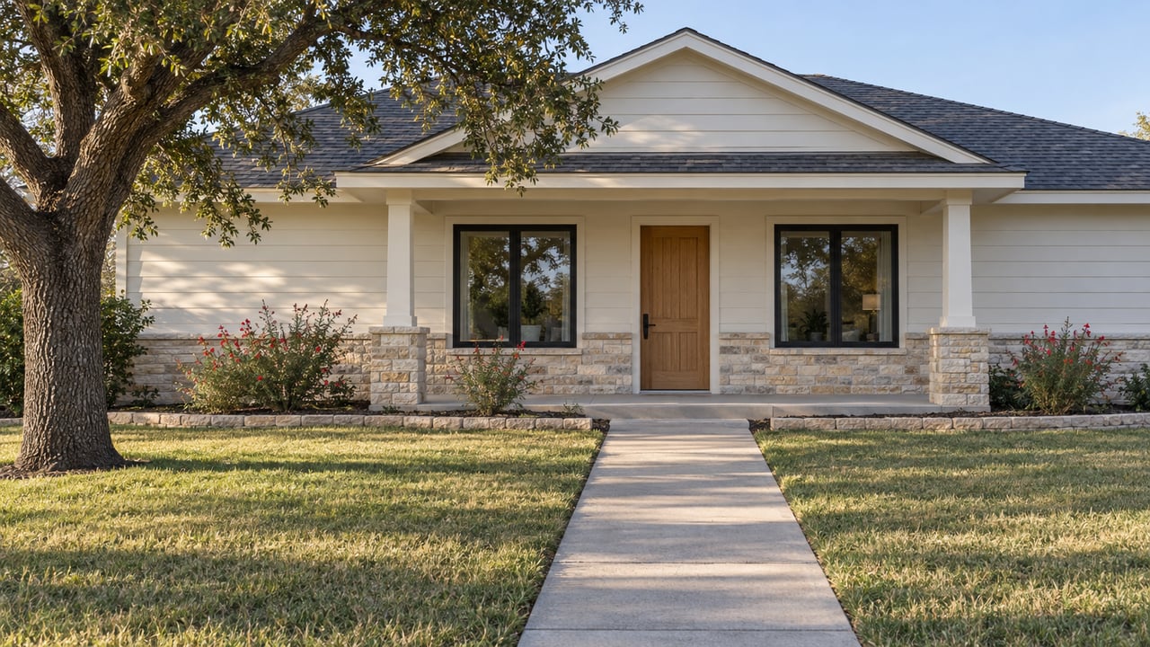 Single-story home with a covered porch, pale siding, limestone base and a deep front lawn beneath a spreading oak.