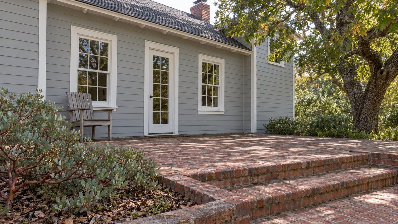 Gray clapboard home with white-trimmed windows, a weathered brick terrace, and a black oak shading a native manzanita planting.