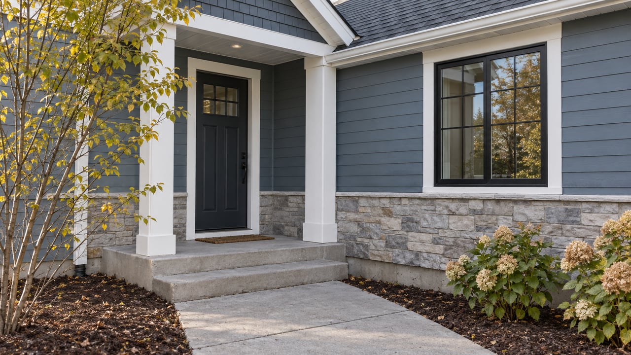 Slate-blue house entry with white trim, stone wainscot, a black-grid window, and sparse yellow leaves.