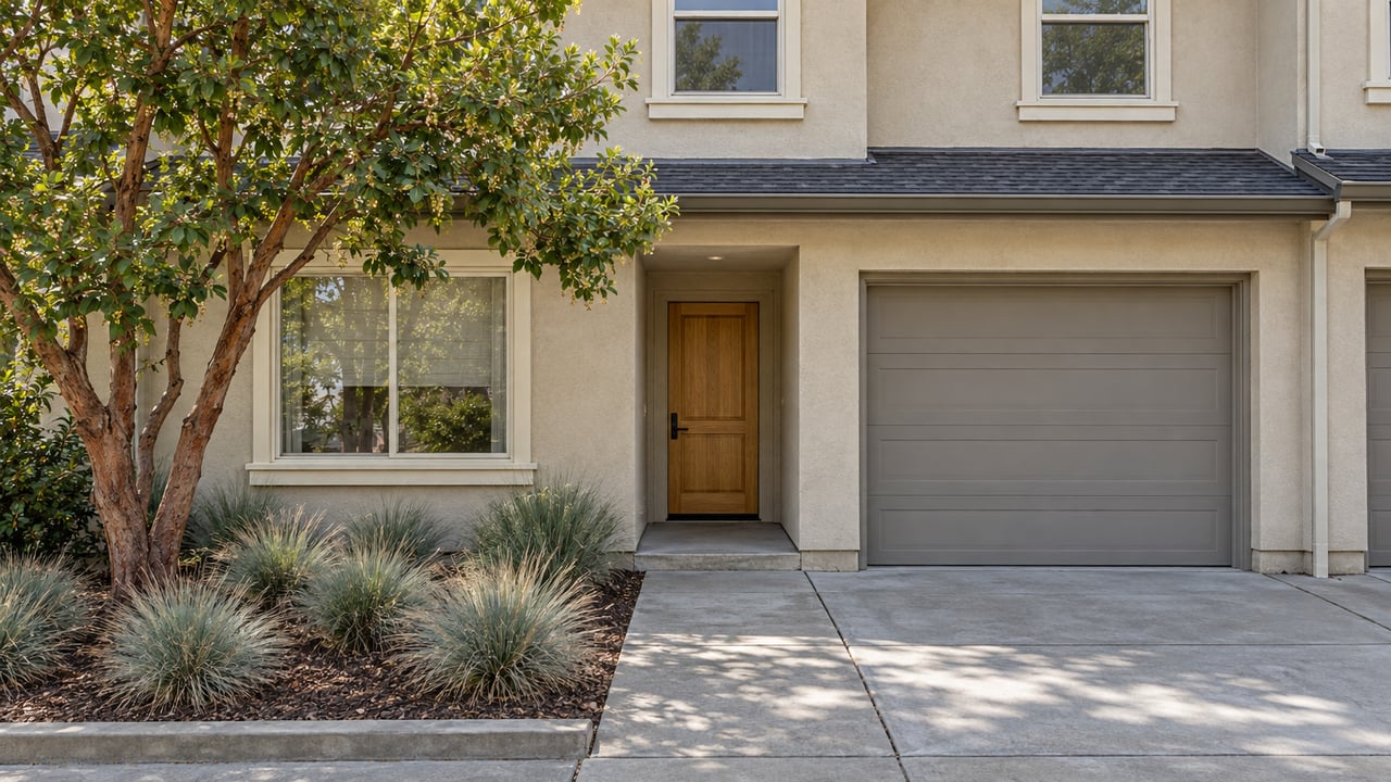 Warm stucco townhouse with recessed timber entry, attached garage, and a landscaped concrete approach.