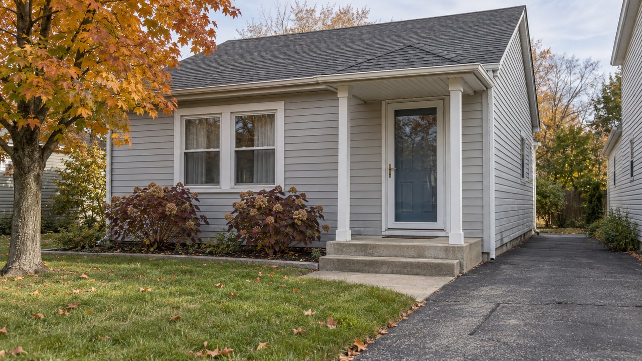 Gray-sided compact house with paired windows, a blue entry door, concrete steps and autumn hydrangeas beside a modest lawn and driveway.