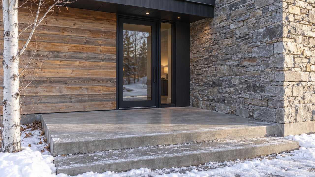 Winter home entry with a glass door, weathered cedar, stacked-stone wall, and snow beyond concrete steps.