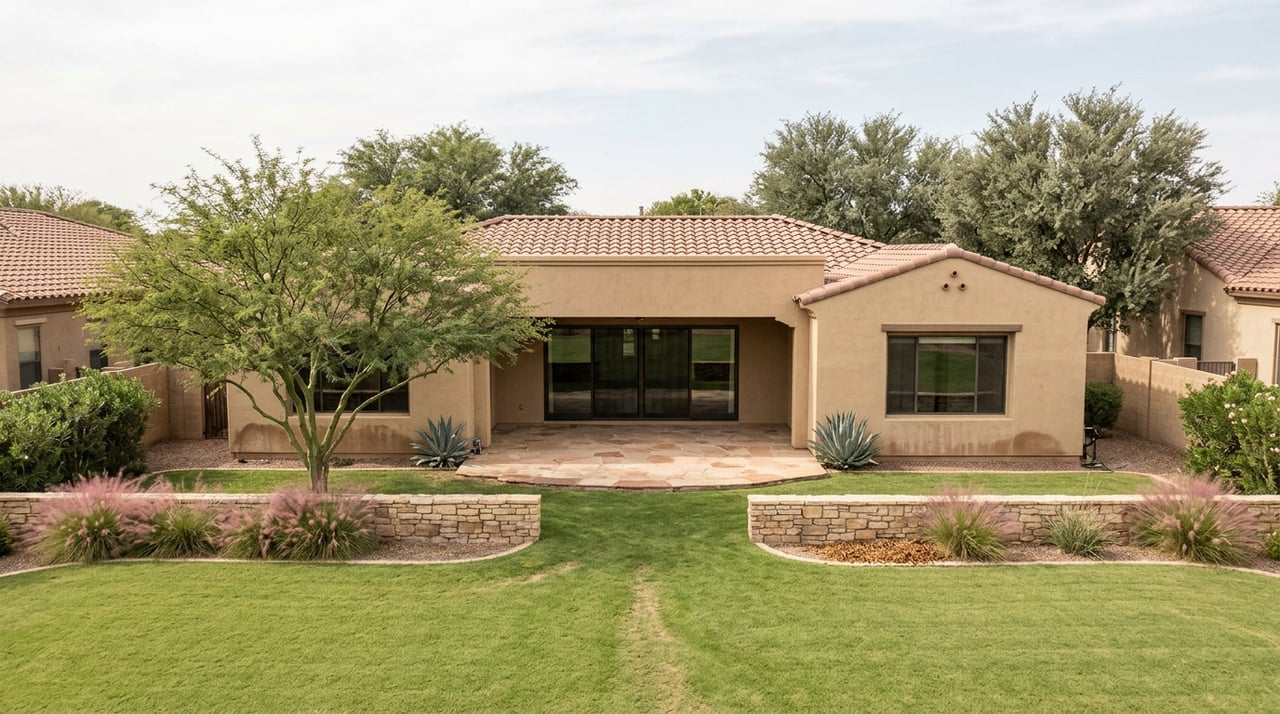 Single-story stucco home with a covered stone patio, broad lawn, low fieldstone wall, and sculptural desert tree.