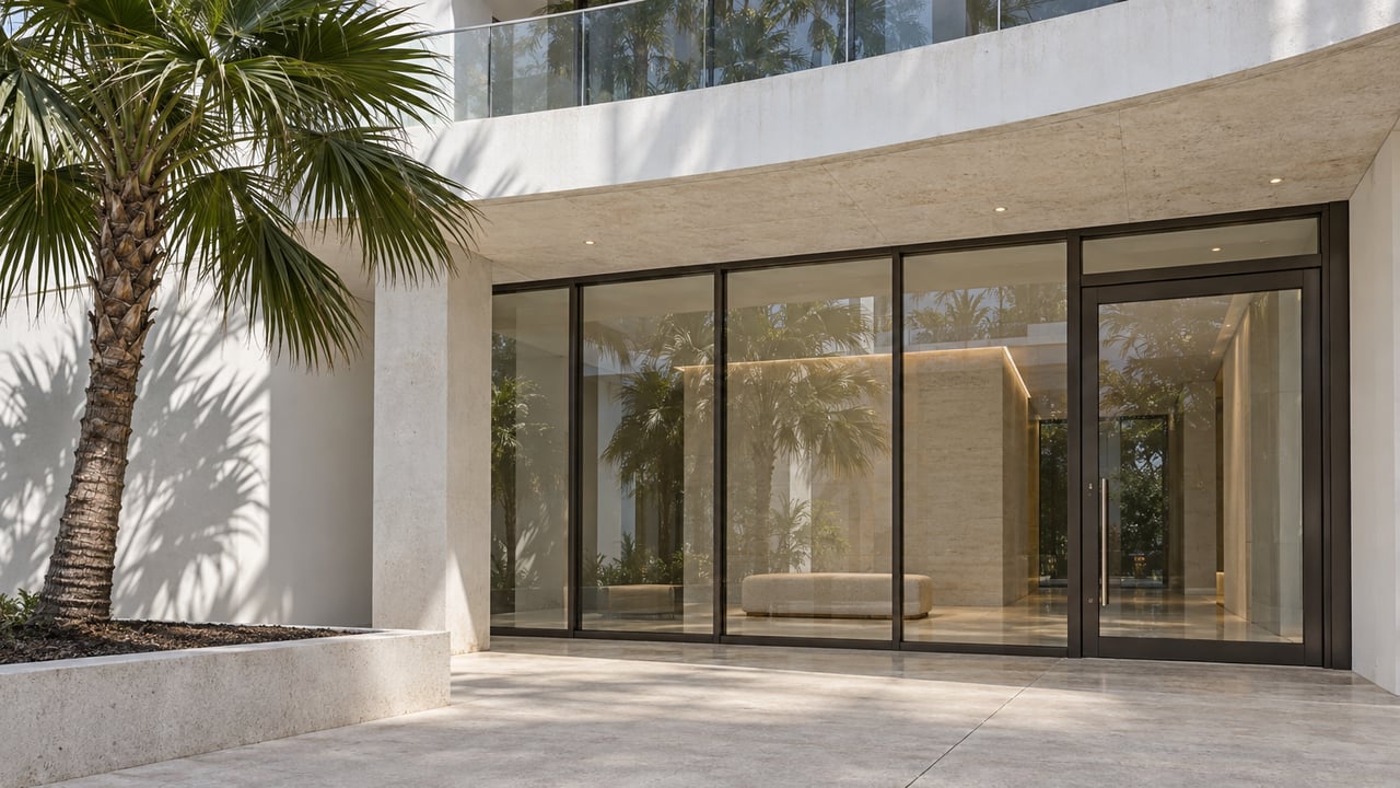 Sunlit contemporary condominium entrance with curved glass balcony, pale stone canopy and a single fan palm in a raised concrete planter.