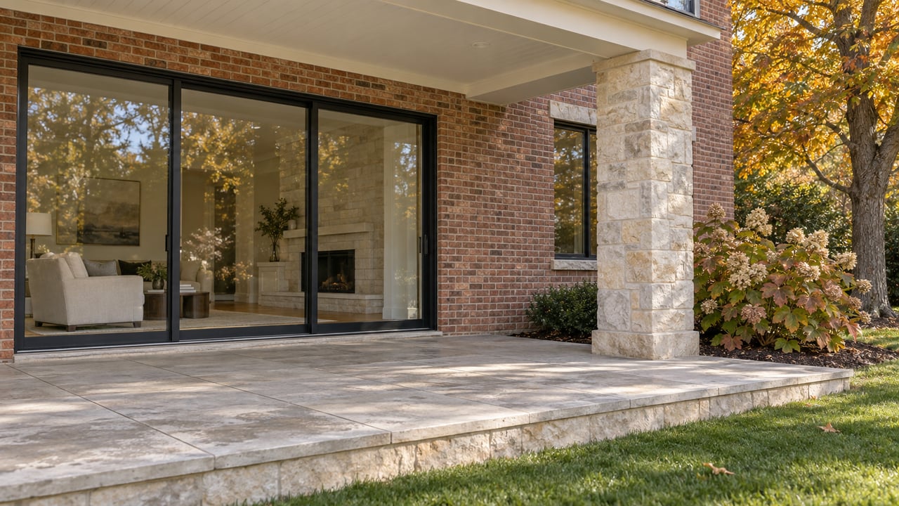 Covered stone terrace beside black-framed sliding doors in a brick home, with an autumn maple and oakleaf hydrangea.
