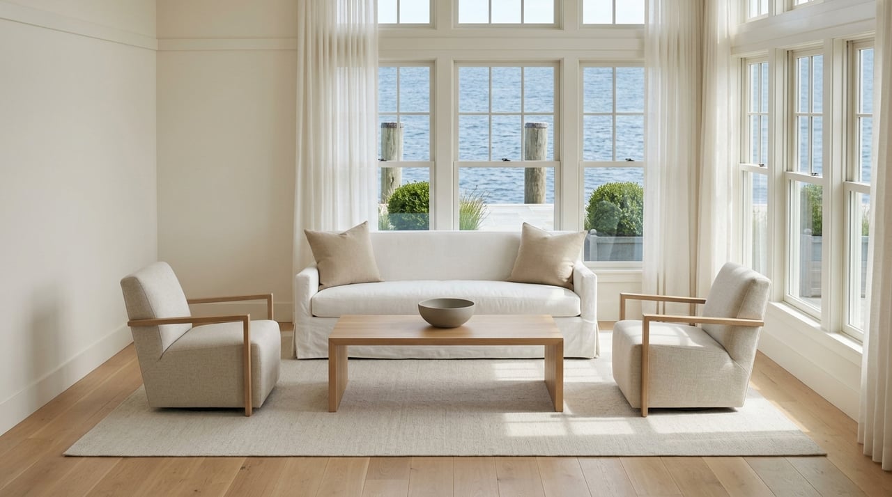 Staged living room with waterfront windows overlooking a terrace, water, and dock pilings.