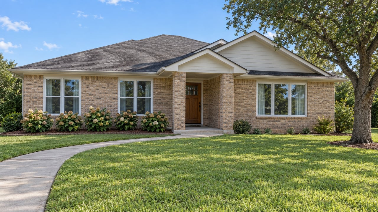 A one-story buff-brick home with white gable siding, a recessed porch and a deep front lawn beneath a mature spreading oak.