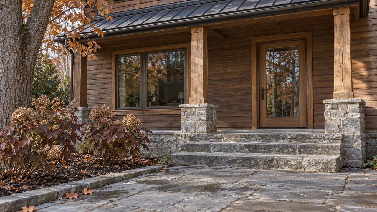 Late-fall morning light on a wood-sided home's timber porch, limestone steps and burgundy oakleaf hydrangeas.