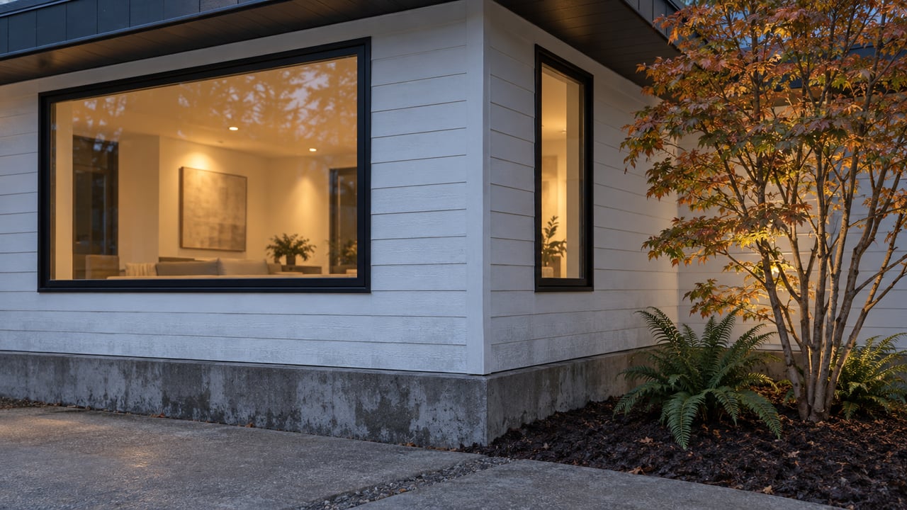 White-sided house corner with black-framed windows glowing warmly above a concrete curb and sparse autumn planting.
