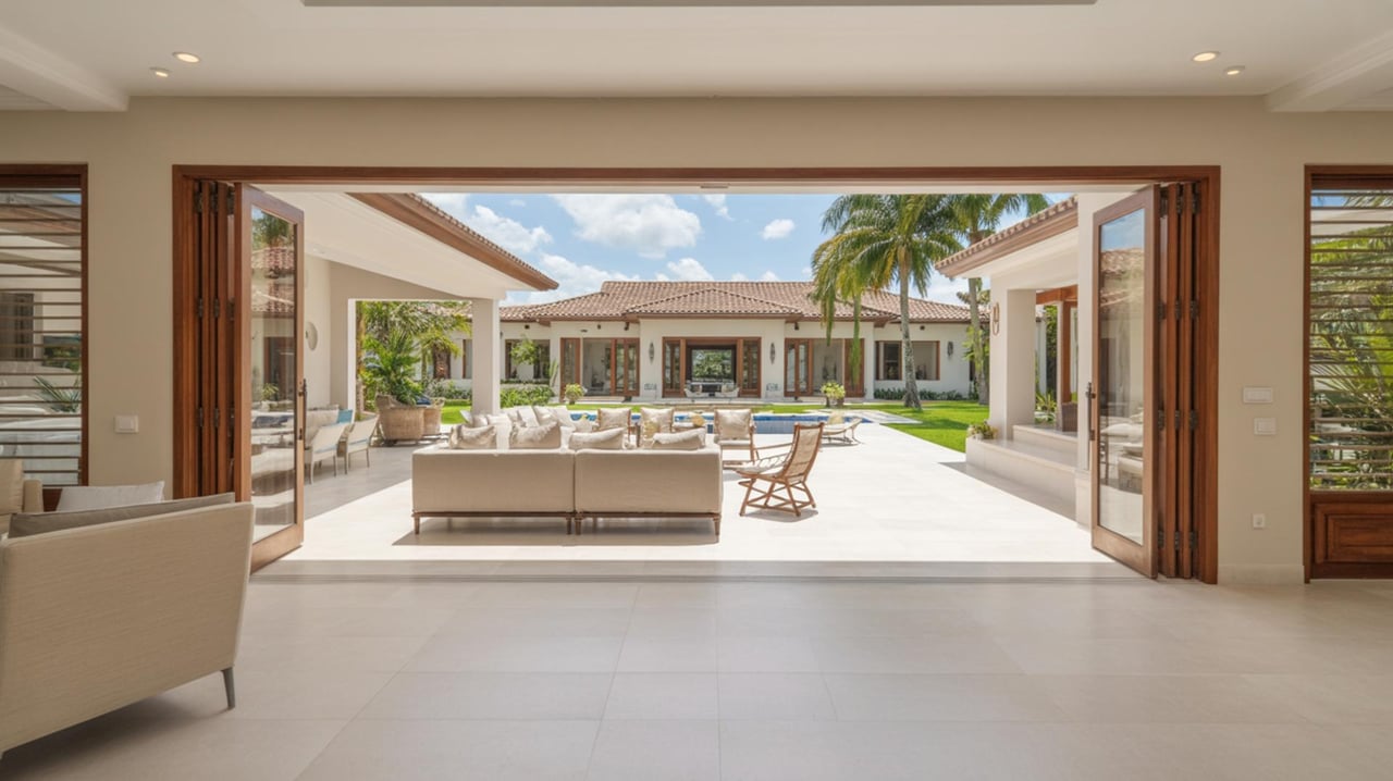 Open sliding doors frame a courtyard with a pool, patio furniture, and palm tree.