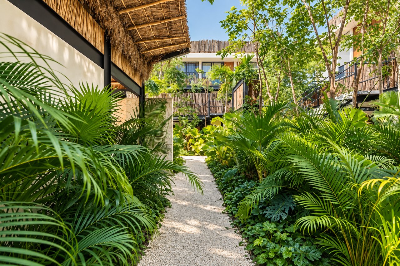 Gravel path through lush tropical landscaping between bungalow buildings with thatched roof details and wood railings.