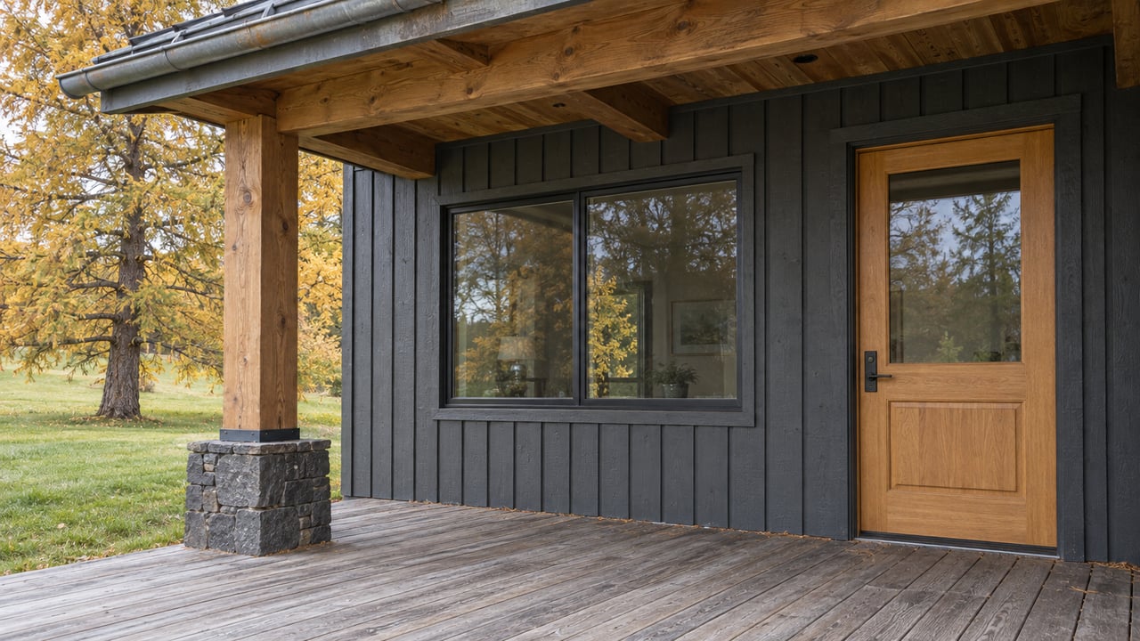 A sheltered timber porch with charcoal wood siding, a glazed wood entry door, weathered decking and a golden larch beyond the lawn.