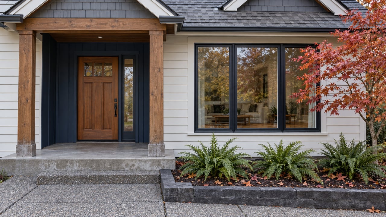 An off-white and navy gabled home entry with timber porch posts, a black-framed window, copper-red vine maple leaves and rain-darkened concrete paving.