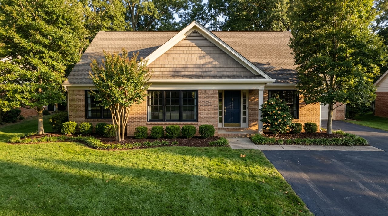 Brick home with navy front door, lawn, curved driveway, and mature trees in autumn light.
